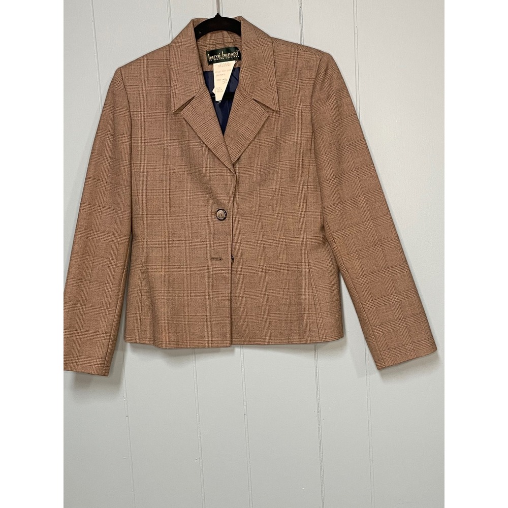 Harve Benard Blazer Womens 8 Tan Brown Good Wool Glen Plaid 2-Button Jacket